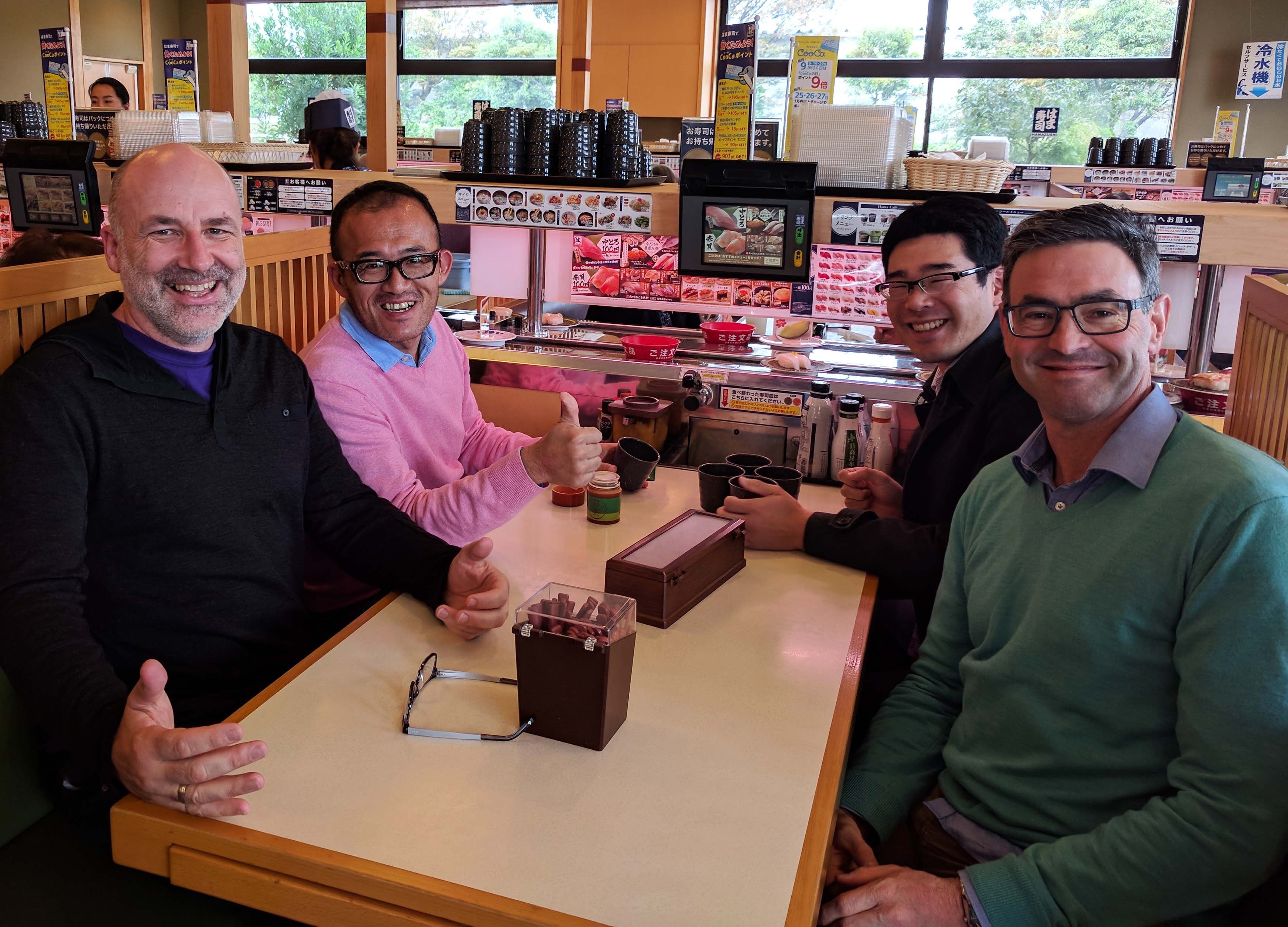 From left: Edward, Oshima-san, Katsumata-san and Nathan getting ready for the mechanical sushi in Shizuoka.