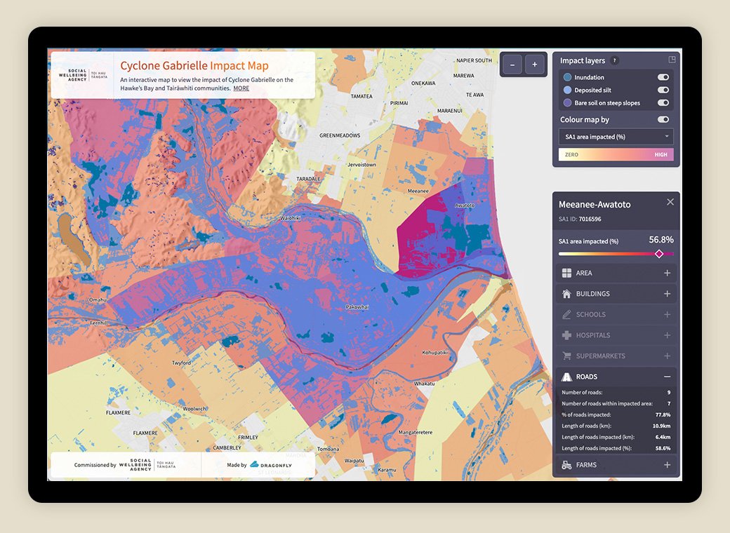 Screenshot of the interactive map showing impacts on Meeanee and Awatoto.